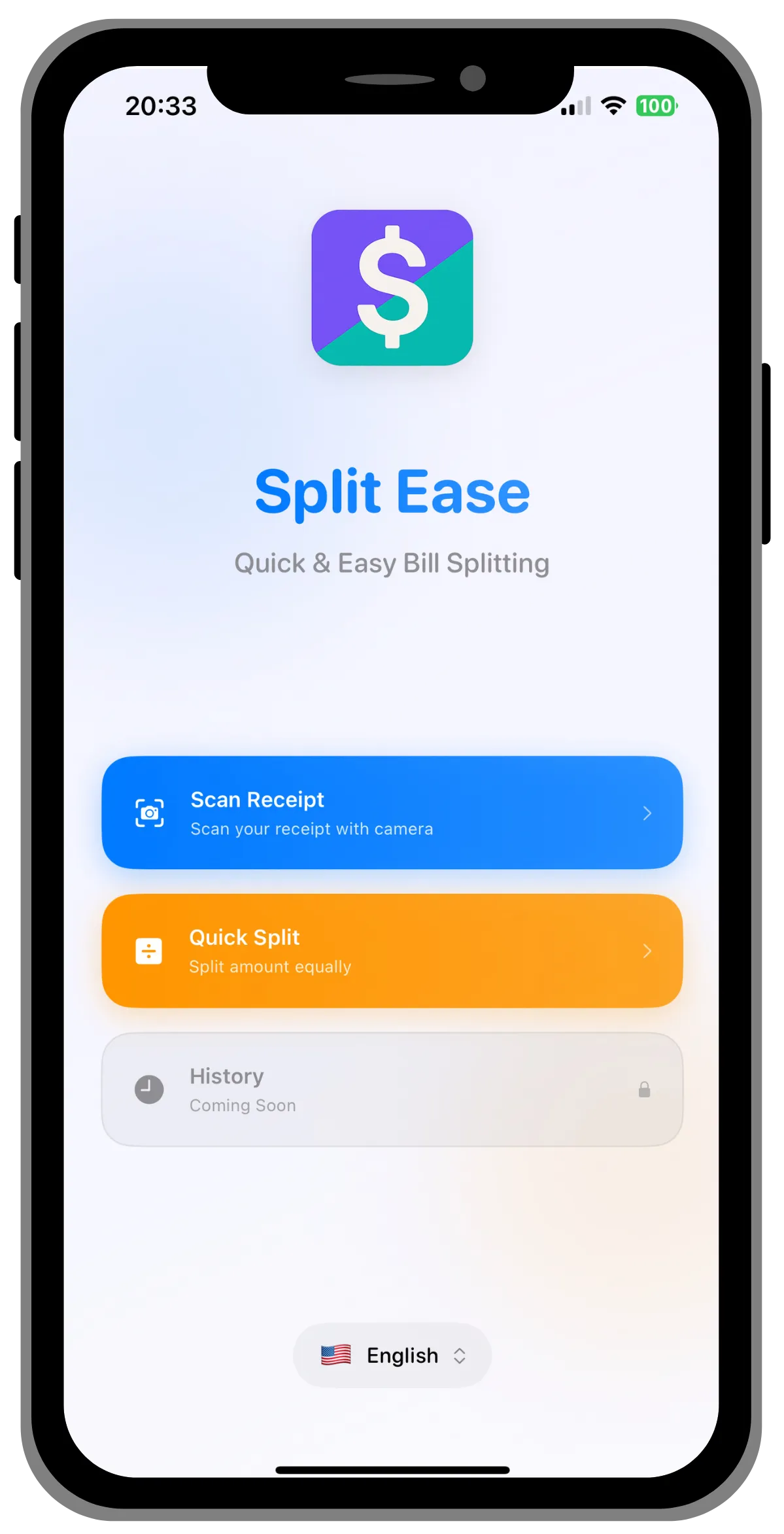 Split Ease app showing a receipt being split between friends